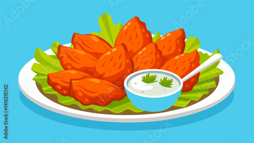 A platter of crispy fried chicken wings coated in a y buffalo sauce and served with celery and ranch dressing for a fun and flavorful dinner.. Vector illustration