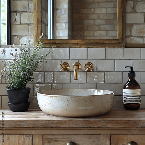 Obraz na płótnie Rustic Bathroom Vanity with Round Sink, Golden Fixtures, Plant, and Decorative Brick Background for Interior Design Inspiration. w salonie