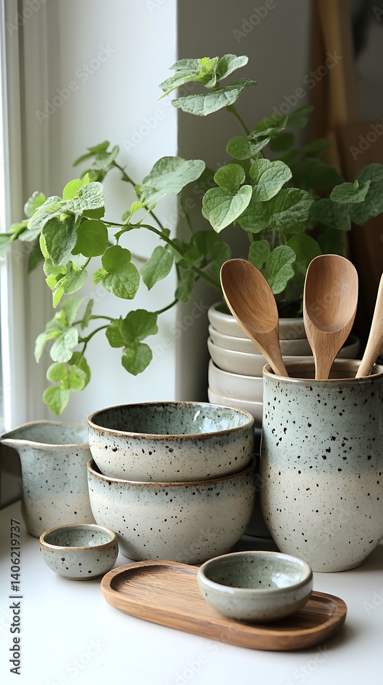 Rustic Ceramic Kitchenware Displayed with Wooden Utensils and a Green Plant on a Window Ledge Still Life.