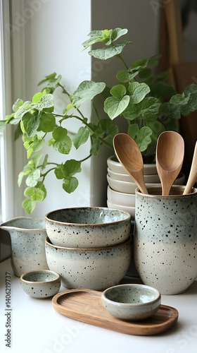 Obraz na płótnie Rustic Ceramic Kitchenware Displayed with Wooden Utensils and a Green Plant on a Window Ledge Still Life. w salonie
