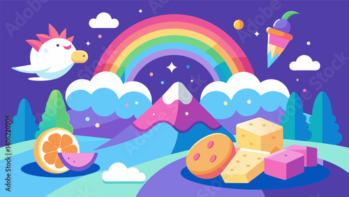 A magical unicorn land made out of rainbow fruits and crackers with a vanilla yogurt dip cloud.. Vector illustration