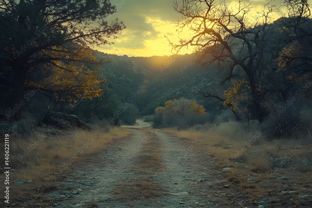 Fototapeta premium A peaceful path under the sunset in the mountains