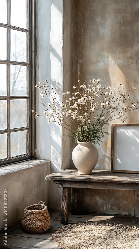 Rustic Home Interior with Daisies in a Vase, Wooden Bench, Window, and Natural Textures Casting Shadows.