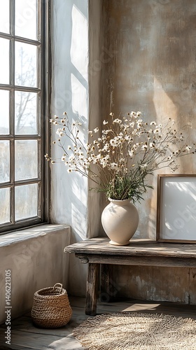 Obraz na płótnie Rustic Home Interior with Daisies in a Vase, Wooden Bench, Window, and Natural Textures Casting Shadows. w salonie