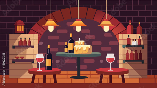 A cozy wine bar with exposed brick walls and flickering candles where couples can unwind and sample a range of artisanal cheeses and robust red wines.. Vector illustration