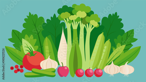 A gardenfresh selection of raw celery radishes and sugar snap peas arranged in a majestic display.. Vector illustration