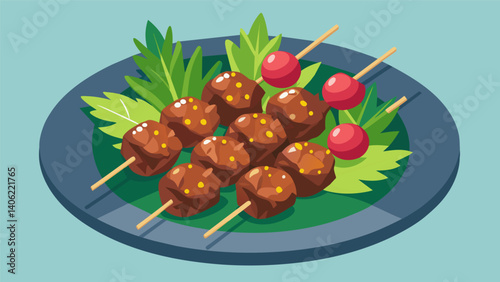 A platter of succulent lamb kebabs grilled and seasoned with aromatic herbs and es.. Vector illustration