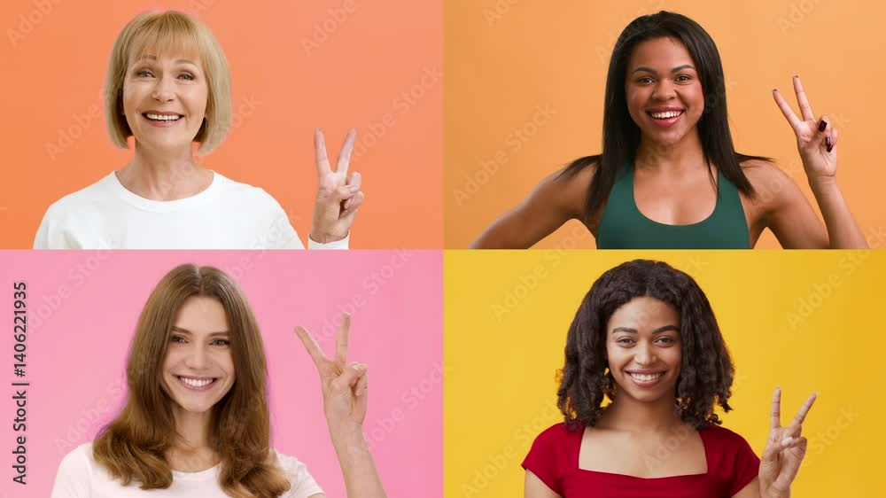 In this vibrant collection, cheerful individuals express happiness and success with victory signs. Their diverse backgrounds highlight a spirit of positivity and celebration in an isolated setting. In this vibrant collection, cheerful individuals express happiness and success with victory signs. Their diverse backgrounds highlight a spirit of positivity and celebration in an isolated setting.