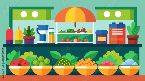 A feast for the senses awaits at our interactive salad bar where you can customize your salad according to your cravings.. Vector illustration