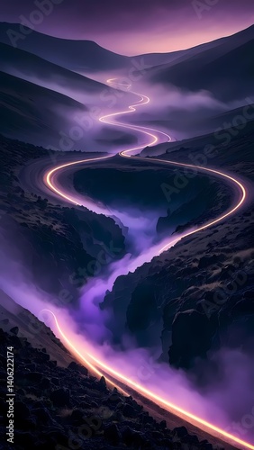A long, curvy road with a purple sky in the background. The road is illuminated with neon lights, creating a sense of excitement and adventure