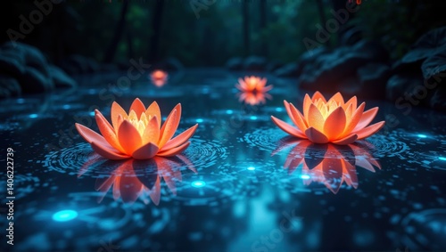 Koi fish with lotus flowers growing on their backs swim gracefully through a calm pond, surrounded by floating lily pads, creating a peaceful and magical atmosphere. Generative, AI,