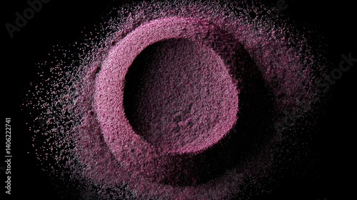 Pile of acai powder in shape circle, isolated on black background, top view  