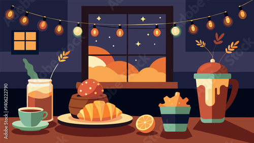 A cozy indoor setup with string lights serving up boozy coffee drinks and a variety of warm savory croissants and breakfast sandwiches.. Vector illustration