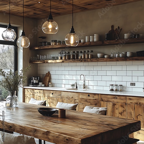 Rustic Kitchen Interior: Wooden Cabinets, Open Shelves, and a Large Wooden Table with Pendant Lighting Creates a Warm Ambiance.