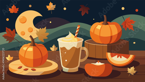 A cozy fall evening combo with creamy pumpkin dip and a warm ed apple cider.. Vector illustration