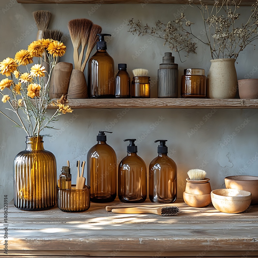 Rustic Minimalist Display: Amber Glass Bottles, Wooden Brushes, and Natural Elements on Weathered Shelves for a Calm, Spa-Like Ambiance.