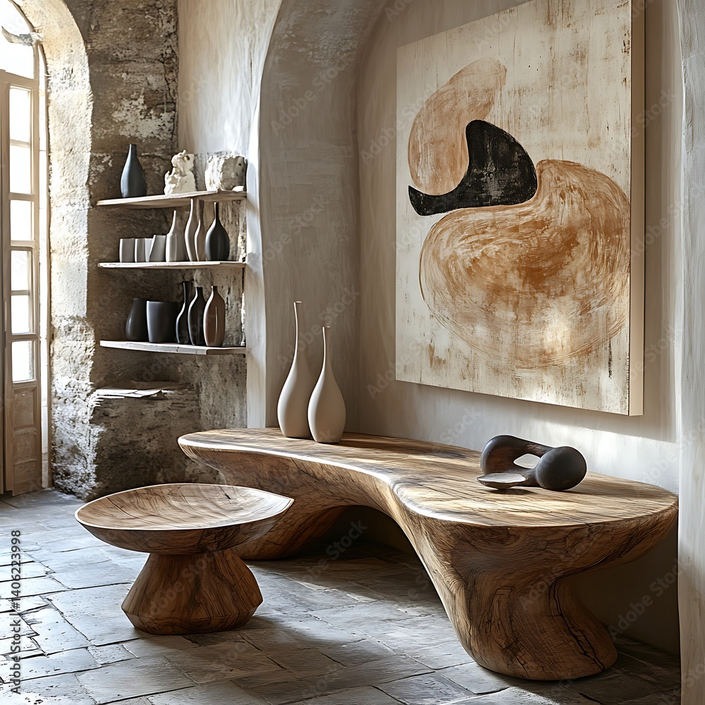 Rustic Modern Interior with Artistic Display: Organic Wood Furniture, Textured Walls, and Abstract Artwork Creates a Serene Space.