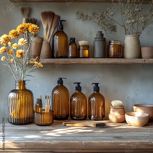 Obraz na płótnie Rustic Minimalist Display: Amber Glass Bottles, Wooden Brushes, and Natural Elements on Weathered Shelves for a Calm, Spa-Like Ambiance. w salonie