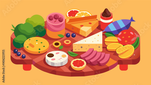 A colorful and mouthwatering charcuterie board topped with an array of artisanal cheeses cured meats fresh fruits and gourmet spreads.. Vector illustration