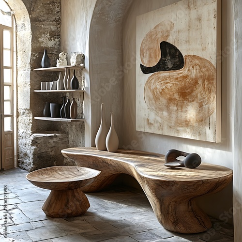 Obraz na płótnie Rustic Modern Interior with Artistic Display: Organic Wood Furniture, Textured Walls, and Abstract Artwork Creates a Serene Space. w salonie