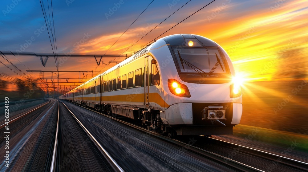 Fototapeta premium High-Speed Train at Sunset: A Journey Towards the Golden Hour