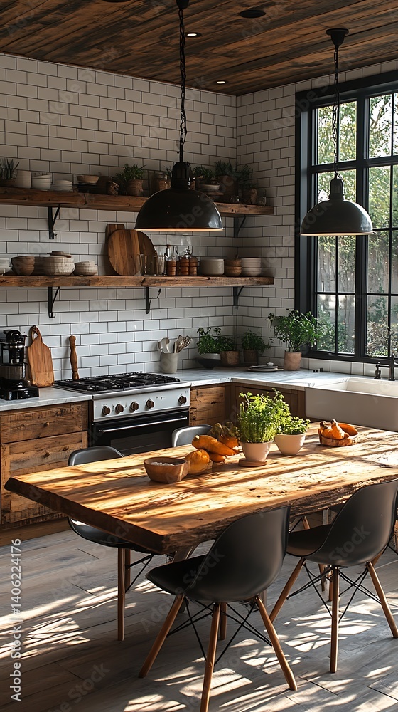 Rustic modern kitchen design with wooden table, black chairs, and open shelving offering a warm, inviting culinary space.