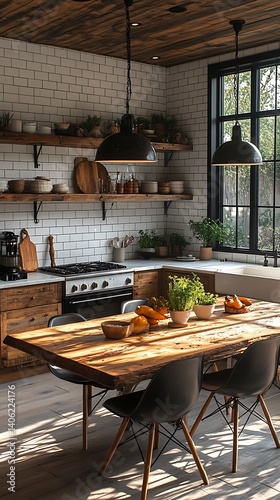 Obraz na płótnie Rustic modern kitchen design with wooden table, black chairs, and open shelving offering a warm, inviting culinary space. w salonie