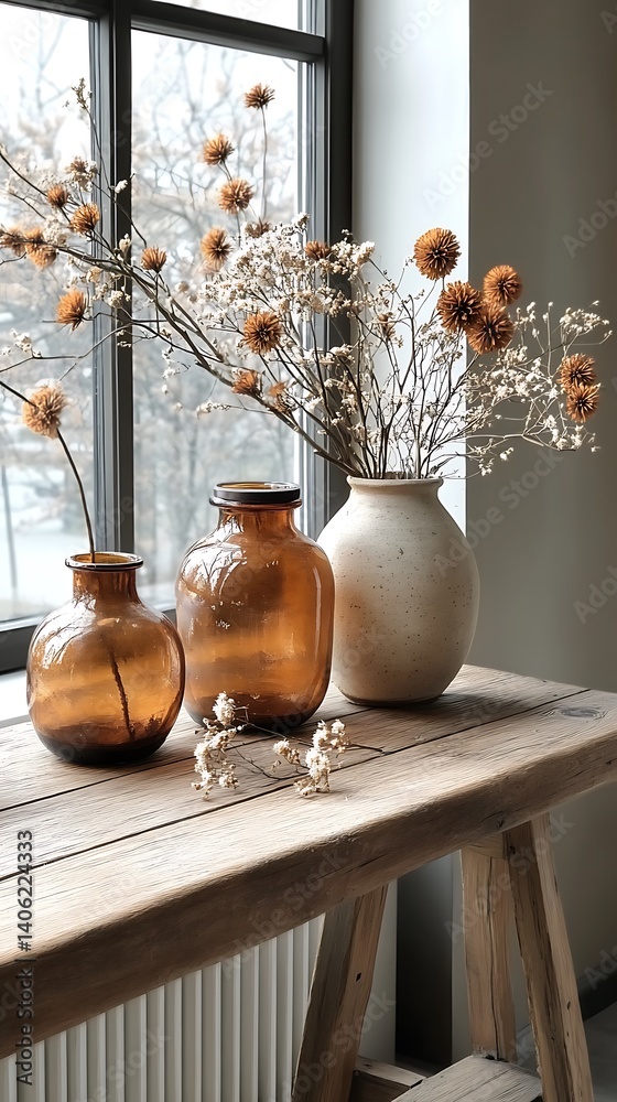 Rustic Still Life: Decorative Vases with Dried Flowers on a Wooden Table Near Window, Neutral Colors