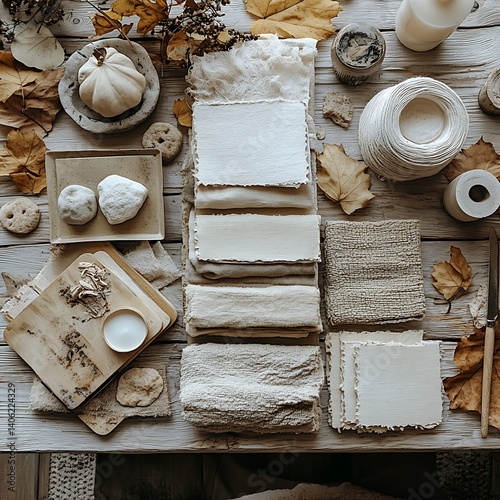 Rustic Still Life: Textured Fabrics, Autumn Leaves, and Organic Forms on Weathered Wood Tabletop Display