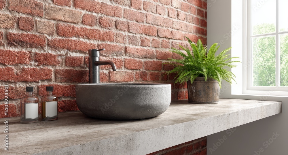 Modern Industrial Bathroom with Red Brick Walls and Concrete Sink Design