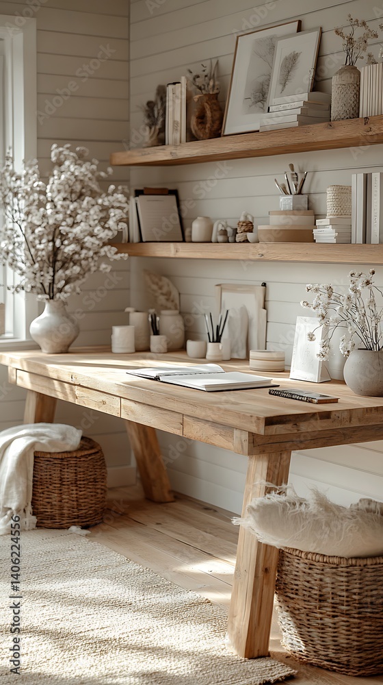 Rustic Wood Desk with Shelves and Natural Decor, a Light and Airy Home Office Workspace Design.