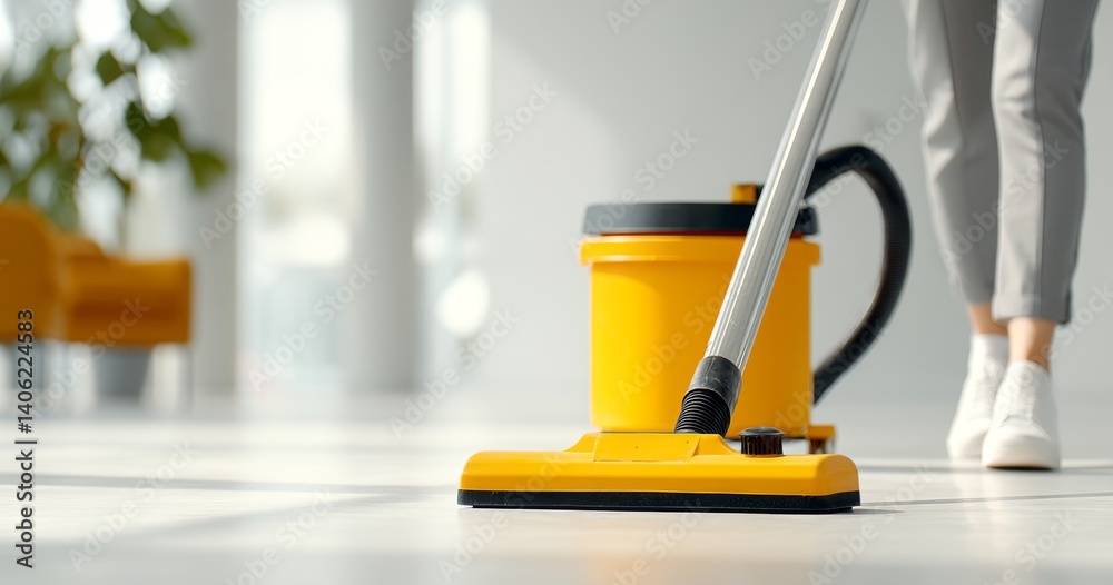 Close-Up View of a Vacuum Cleaner Body Showing Its Long Hose in a Bright Interior Space