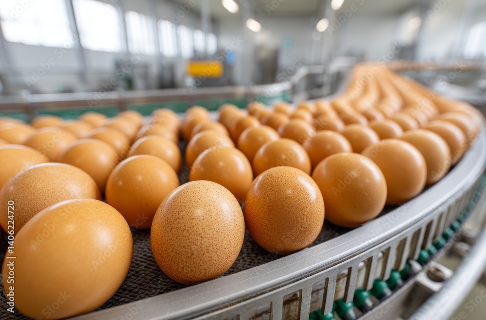 Wide Angle View of Egg Production Line in Modern Factory Setting with Conveyor Belt