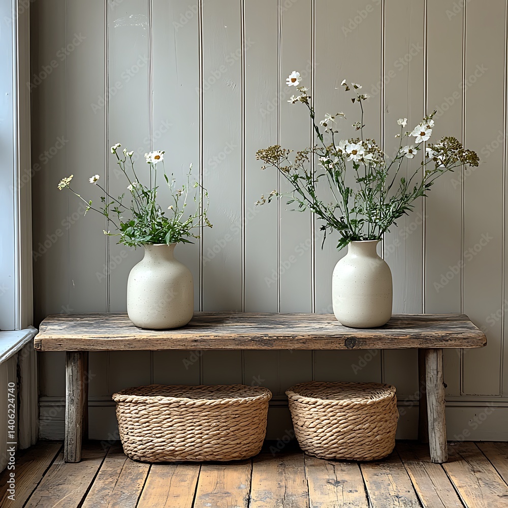 Rustic Wooden Bench with Floral Vases and Woven Baskets Against a Neutral Paneled Wall, a Cozy Interior Still Life.