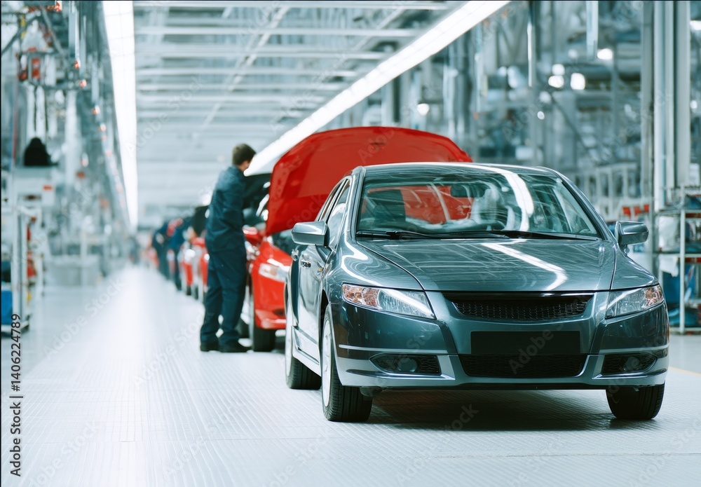 Manufacturing Process Inside a Modern Vehicle Production Line with New Cars Being Assembled