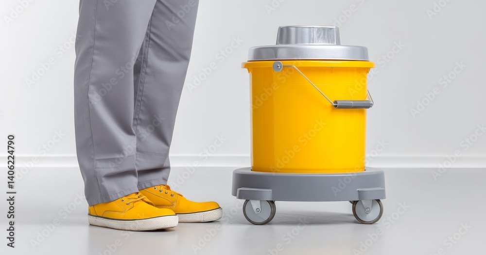 Person Standing Next to Yellow Cleaning Equipment with Gray Trousers and Shoes on a Smooth Surface