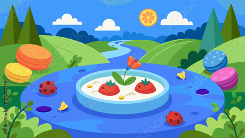A enchanted garden of fruit and yogurt dip is surrounded by a moat of blue Jello with ladybugshaped crackers and butterflyshaped veggies for dipping.. Vector illustration