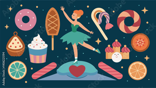 A Nutcracker balletthemed board with treats like ballet slipper macarons nutcrackershaped cookies and chocolatecovered pretzel wands.. Vector illustration