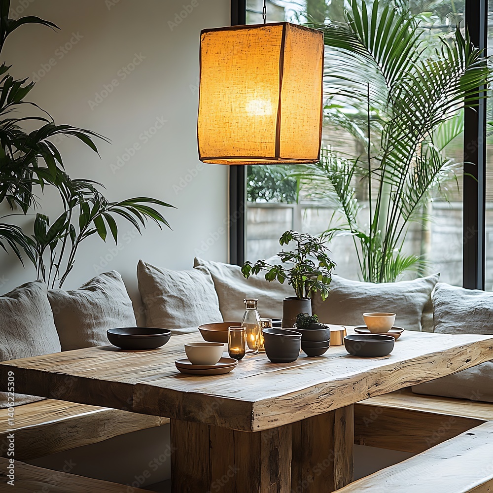 Rustic wooden dining setting featuring neutral tones, cushions, plants, and a hanging lamp for interior design inspiration.