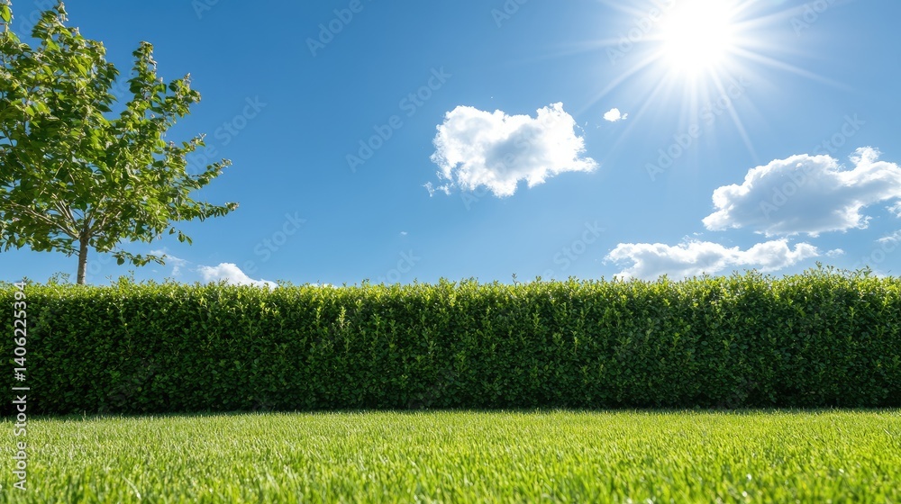 Green hedge lawn under blue sky with clouds and sunshine serene nature scene