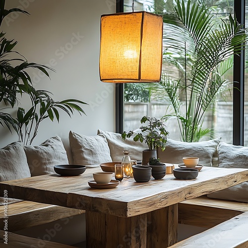 Obraz na płótnie Rustic wooden dining setting featuring neutral tones, cushions, plants, and a hanging lamp for interior design inspiration. w salonie