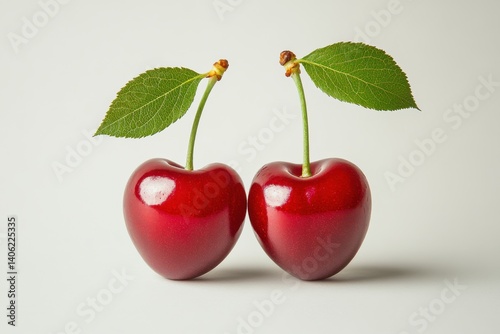 Wallpaper Mural Close-Up of Two Fresh Red Cherries with Leaves on White Background Torontodigital.ca