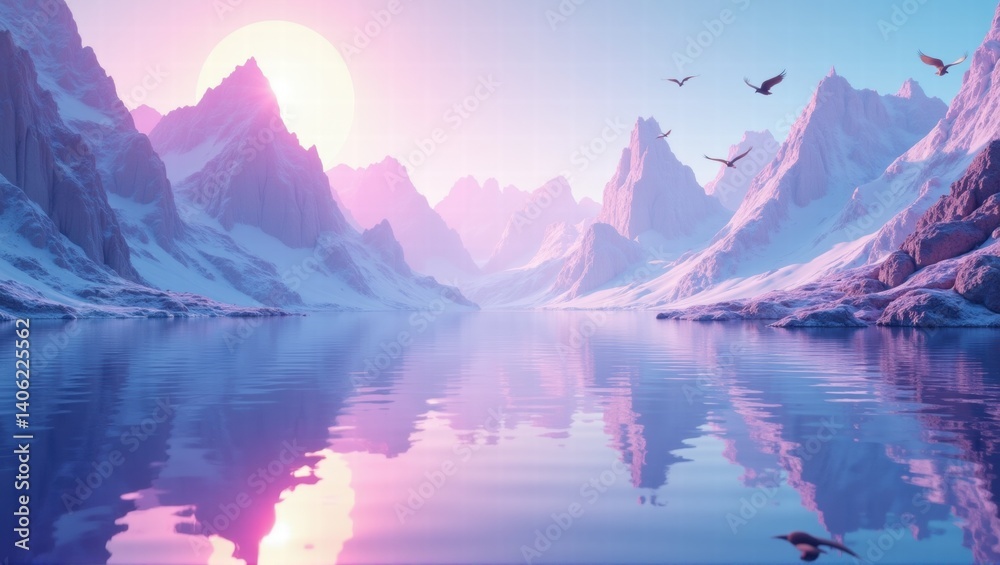 Fototapeta premium A serene winter landscape with towering snow-capped mountains, a calm icy lake reflecting the sky, and birds flying across the peaceful scene. Generative, AI,