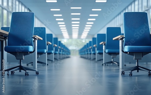 Modern Office Rows Blue Chairs with Empty Workspace.