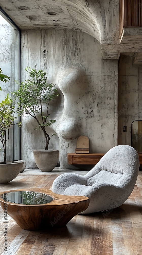 Serene architectural space featuring a cozy white chair, distinctive wall art, natural wood elements, and flourishing indoor greenery, enhancing the room's tranquility.