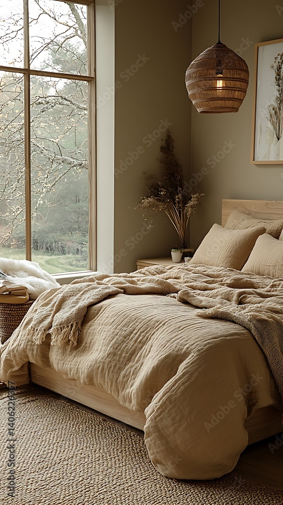 Serene bedroom interior featuring natural light, comfortable beddings, and peaceful aesthetics for relaxation and restful sleep.