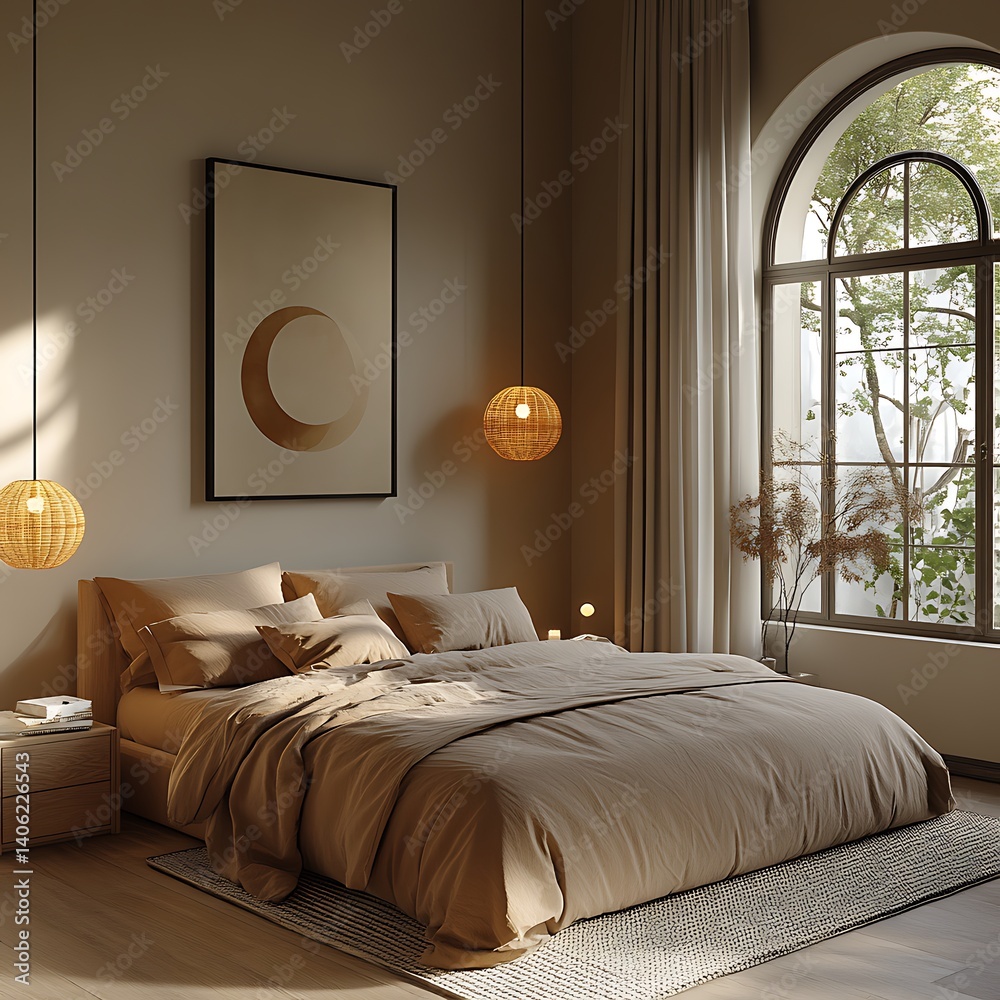 Serene bedroom interior showcasing tranquil ambiance with neutral tones, modern art, natural light, and minimalist design elements.