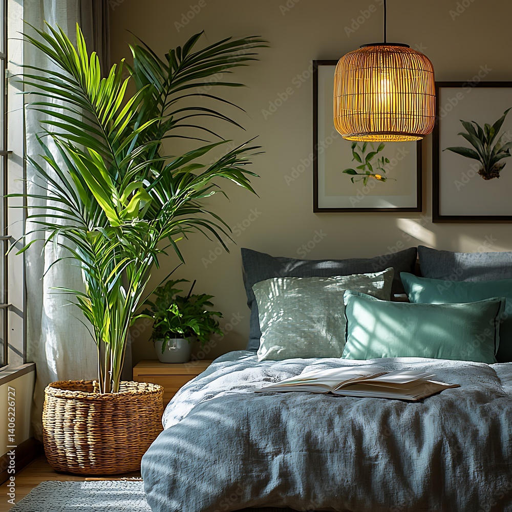 Serene bedroom interior with indoor plants, comfortable bed, soft lighting, and artistic wall decor for a relaxing atmosphere.