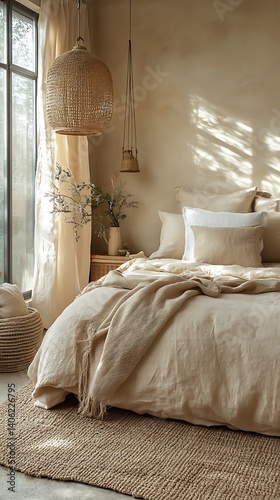 Obraz na płótnie Serene bedroom interior showcasing natural light, neutral color palette, textured fabrics, and woven elements creating a calming and inviting space. w salonie
