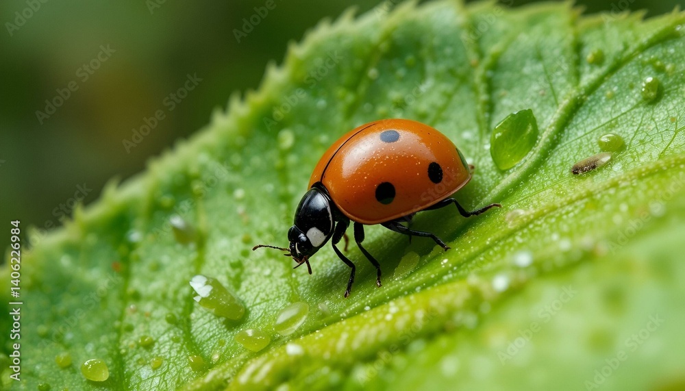 Elegant ladybug crawling on green leaf in summer garden, nature's beauty Elegant ladybug crawling on green leaf in summer garden, nature's beauty